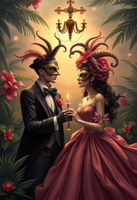 Surreal Masquerade Ball , whimsical surrealism, romantic naturalism, emotional exaggeration, atmospheric stillness, expressive character design, humorous tension, luminous landscapes, tropical flora, delicate realism, visual irony, poetic absurdity, soft lighting, narrative intimacy, serene settings with playful disruptions