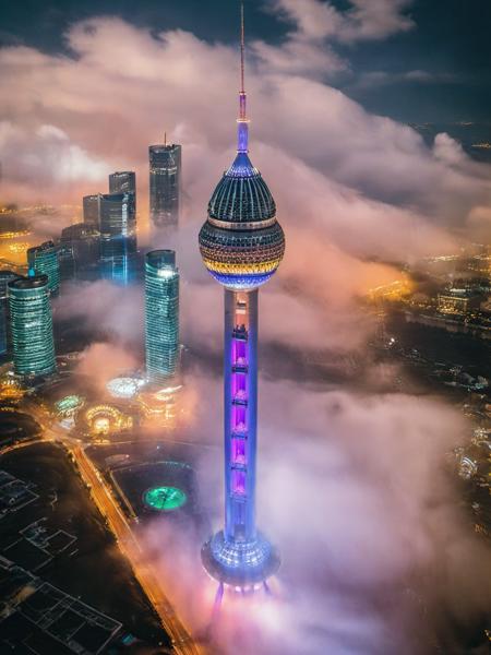 realistic, aerial photograph, cloud, tower,  night, neon light,  <lora:ap1-000024:0.8>