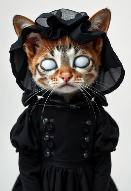 medium shot of a beautiful cute creature, white blind eyes, victorian black dress, white background studio