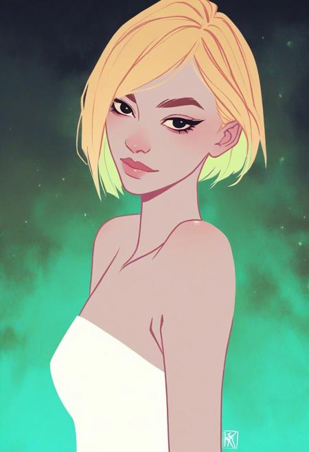 score_9,score_8_up,score_8,score_9,(((pastel colors, high contrast,expressiveh,solo focus, )))((black eyes,blonde hair,naughty face, bobcut hair, pale skin,white dress,short dress, tight dress,strapless dress, thighs)) (1girl, standing, side view, looking at viewer)simple glowing background. rimlight, asian