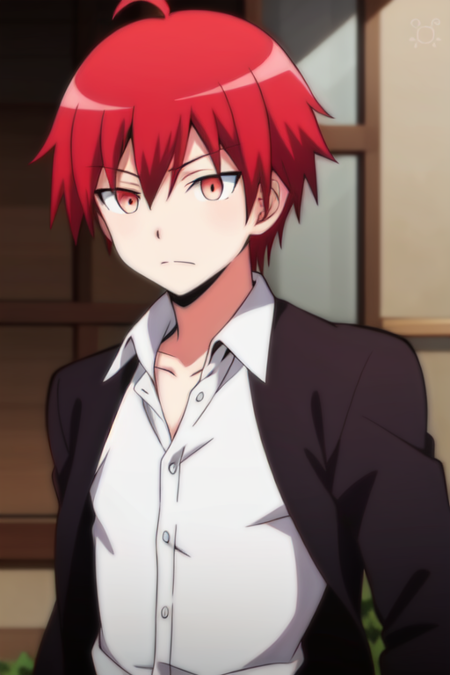 1boy,red hair,white shirt, black jacket,