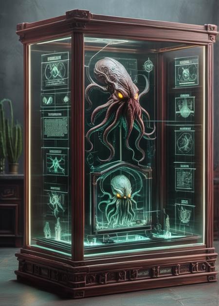 gothic wooden ancient display case of Cthulhu