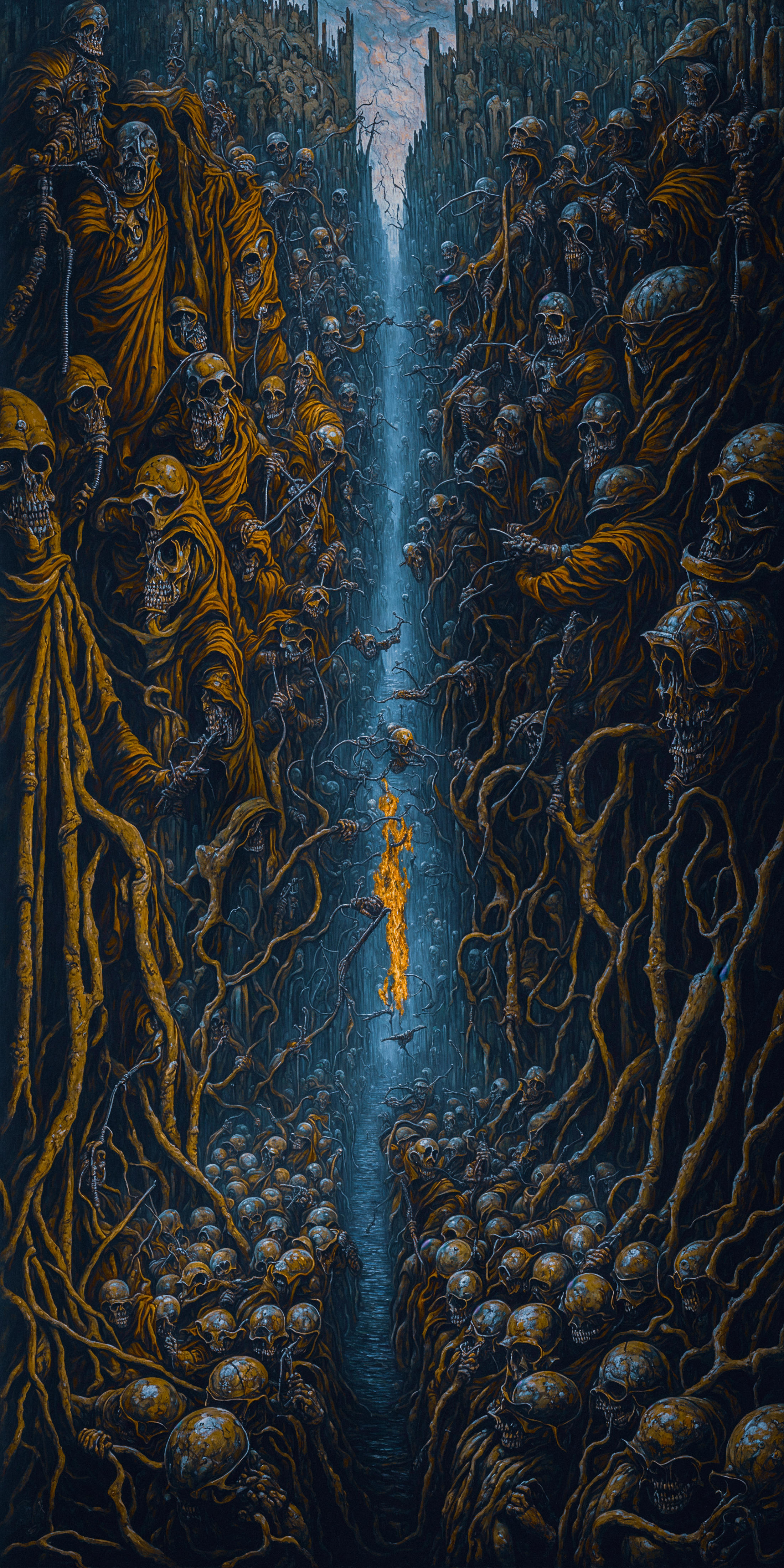A Painting of Skeletons in a Dark Cave with a Fire in the Middle