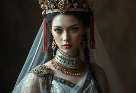 photo, female, flowing gauzy imperial regalia, latex infused. Extremely high-resolution details, photographic, realism pushed to extreme, fine texture, incredibly lifelike