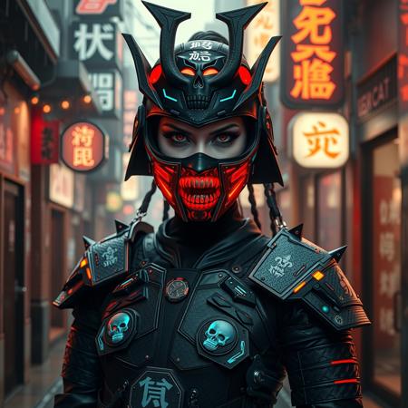  A photorealistic full-body vertical portrait of a fierce goth vampire samurai girl with pale skin and sharp, aggressive features, set in a dystopian Neo-Tokyo inspired by Blade Runner. She has intense goth makeup with heavy black eyeliner and dark eyeshadow, and a cold, defiant gaze. Her mengu mask is gothic and futuristic, with skull motifs, spiked edges, and glowing engravings in neon red and electric blue. Her samurai armor blends tribal and cyberpunk influences: black carbon fiber plates, crimson LED accents, turquoise circuitry, and angular, tech-enhanced design elements. She stands confidently in a rain-slick neon-lit alley, surrounded by holograms, mist, and glowing kanji signage. The atmosphere is dark, cinematic, grainy like 16mm film, and full of cyberpunk tension. No text or letters appear in the image.   The atmosphere is moody and cinematic, with soft bokeh, dramatic lighting, and a grainy 16mm film look. Highly detailed, rich in emo and goth influence, with no text or letters in the image.

Simulating Kodak Ektacolor Pro 160, with a custom white balance at 5500K. cinematic lighting, analog film, film grain, kodak chrome, cool cinematic tones,high contrast, sharp details, with moody lighting that adds depth,. (cinematic atmosphere:1.3), deep photo, depth of field, (black hair)), , (ambient occlusion), (cinematic lighting:1.3), (4K image quality:1.3), (sharp detail:1.3), (highly realistic:1.3), (dim warm cinematic lighting:1.3)
