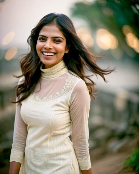 ultrarealistic portrait soft focus photo of a 30-year-old woman, malavika mohanan, outdoors, laughing, covered chest, lacy turtleneck kurta, Full shot camera angle, looking looking at camera, night time, beautiful bokeh, film grain <lora:Malavika_Mohanan_SDXL_LoRA:0.8>