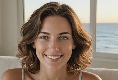 A meticulously detailed, hyper-realistic studio portrait of a 35 years old woman with sun-kissed skin and bright green eyes. She has a slim, oval, delicately contoured face with high cheekbones, a narrow jawline, and a subtle V-shaped chin. Her wavy, short-length light brown hair is casually tousled, framing her naturally beautiful face. Her skin has realistic texture: visible pores, soft natural wrinkles, gentle laugh lines, and minor imperfections that enhance authenticity. She wears a warm, genuine smile with slightly imperfect teeth. She seats in a living room, watching the sunset, and ocean,through an elegant beautiful Huge window, captured with an 85mm lens at f/4, with natural color grading and an unedited RAW film look — inspired by Kodak Portra 400. No makeup retouching, no plastic effect, no artificial smoothing.street photography , photography , editorial photo, realistic , natural light, highly detailed
