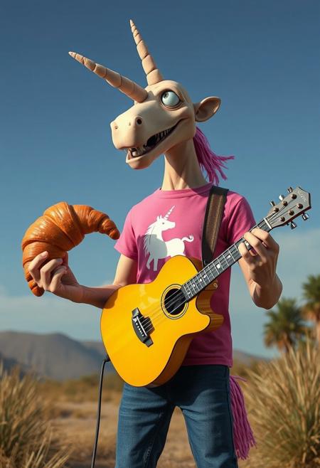 a weird Peruvian dvd that is a mix of cel animation, claymation, early CGI, and live-action, a creepy CGI man in a pink unicorn t-shirt holds a guitar in one hand, and a Croissant in the other,