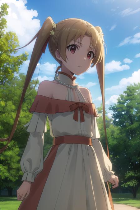 sherrytueli, <lora:sherry tueli s2-lora-nochekaiser:1>,
sherry tueli, long hair, brown hair, hair ornament, twintails, (brown eyes:1.5), star \(symbol\), star ornament,
BREAK dress, bare shoulders, jewelry, necklace, frills, long sleeves,
BREAK outdoors, forest, nature, sun, sky, clouds, trees, grass,
BREAK looking at viewer, (cowboy shot:1.5),
BREAK <lyco:GoodHands-beta2:1>, (masterpiece:1.2), best quality, high resolution, unity 8k wallpaper, (illustration:0.8), (beautiful detailed eyes:1.6), extremely detailed face, perfect lighting, extremely detailed CG, (perfect hands, perfect anatomy),