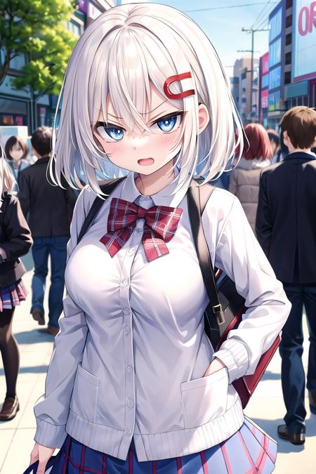 insanely detailed, absurdres, ultra-highres, ultra-detailed, best quality, 1 girl, solo, 16 years old, nice hands, perfect hands, BREAK, (wearing winter school uniform), angry, open mouth, walking, 45 angle, cowboy shot, looking at viewer, BREAK, slender, kawaii, perfect symmetrical face, ultra cute girl, ultra cute face, ultra detailed eyes, ultra detailed hair, ultra cute, ultra beautiful, by Canon EOS, SIGMA Art Lens 35mm F1.4, ISO 200 Shutter Speed 2000, BREAK, in harajuku, shibuya, tokyo, street, crowd, cityscape, medium large breasts, BREAK, (white) blonde hair, medium hair, messy hair, blue eyes, hair between eyes, <lora:flat2:-0.3>
<lora:gekioko_v200:1>