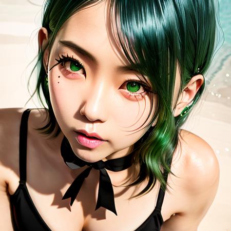 (upper body:1.3), (photorealistic:1.4),asian, best quality, 1girl,beautiful lighting,nude, (green hair)+(short hair,)+(bangs),bruised eye, golden eyes, (ringed eyes), (white shirt), (necktie), RAW photo, 8k uhd, swimsuit,  <lora:tamaki:1.4>