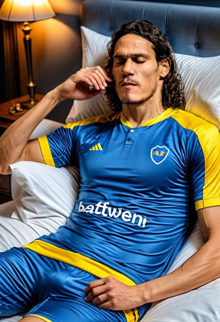 Cavani, (ultra realistic photo:1.5), of a man lying in bed wearing blue and yellow pajamas, (on back), eyes closed, (masterpiece), (best quality), (detailed), (8k), (HDR), (cinematic lighting), (sharp focus), (intricate)