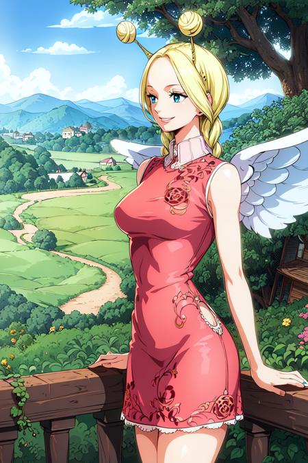 masterpiece, ((ultra detailed background, delicate pattern, intricate detail)), (highly detailed, fine details), best quality, beautiful lighting, ((medium breasts, slim girl)), Conis, 1girl, solo, blonde hair, wings, twin braids, smile, dress, blue eyes, bun, complex detailed background, blue sky, grass, trees, nature environment, (cowboy shot),   <lora:Conis:0.75>