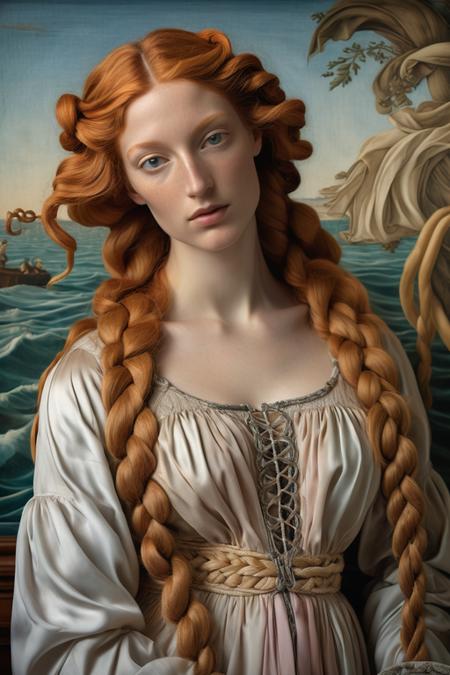 Simonetta Cattaneo Vespucci, Botticelli's model for Birth of Venus, embodying her classic beauty in a contemporary fashion, (ginger type), hair intertwined in intricate braids, modern dress, soft pastel, high color contrast, gently faded tones, timeless elegance, highly detailed, master's touch, casual elegance, chiaroscuro lighting, evocative old-world charm. Ektachrome analog film print
