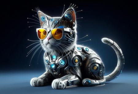 A Cute, (cat made out of Cybernetic Style), (cat wearing sunglasses), solo, 4k, high detail, high quality, realistic, full body, wm_cyber,