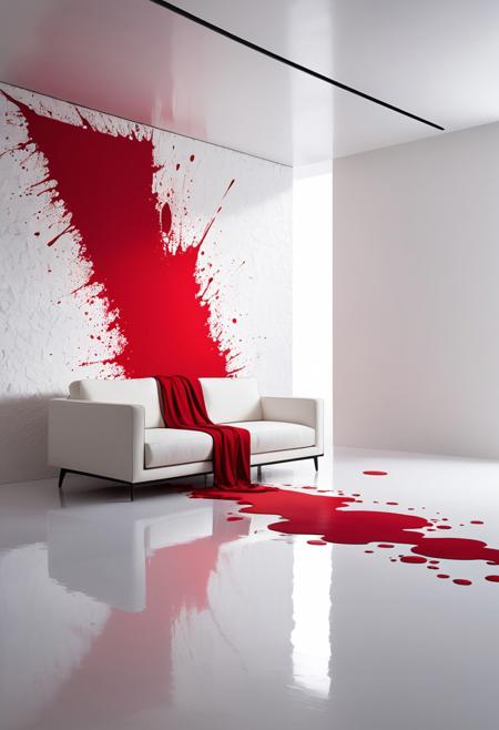 minimalist interior, white wall, large abstract red ink splatter as focal point, red ink splatter:1.3, dynamic texture, varying densities, texture:1.2, soft lighting illuminating white sofa below, soft lighting:1.0, modern minimalist design, modern:1.0, contrast between clean white walls and chaotic splatter, contrast:1.2, subtle shadowing on floor, shadow:0.8, neutral tones in room with bold red as only color accent, neutral:0.9, simple yet impactful composition, soft reflections from floor adding depth, reflections:0.8, splatter feels fluid organic, caught in motion, movement:1.1