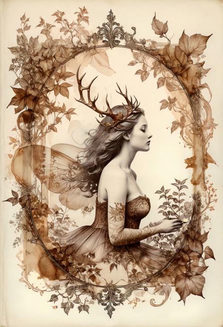 Double exposure through storybook pages, veiled feminine form emerging, merged with pen and ink drawings like griffins, stags, mermaids, overgrown ivy frames, decorative ornate borders, warm sepia nostalgic tones
