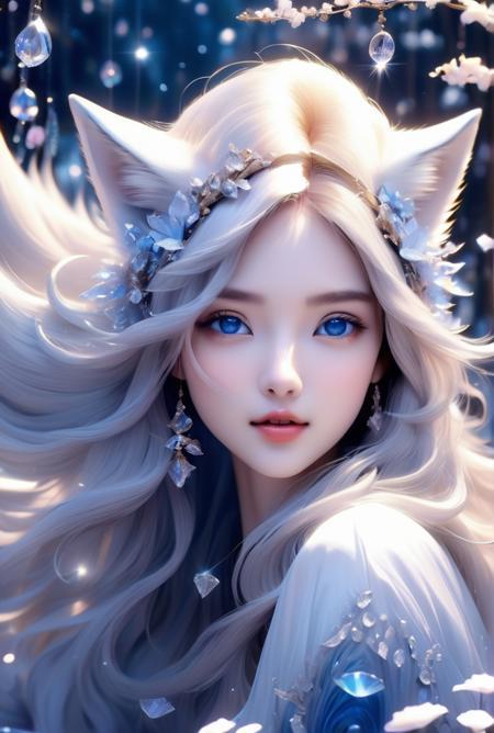 masterpiece, best quality, official art, extremely detailed cg 8k wallpaper, (flying petals) (detailed ice) , crystals texture skin, cold expression, ((fox ears)), white hair, long hair, messy hair, blue eye, looking at viewer, extremely delicate and beautiful, water, ((beauty detailed eye)), highly detailed, cinematic lighting, ((beautiful face), fine water surface, (original figure painting), ultra- detailed, incredibly detailed, (an extremely delicate and beautiful), beautiful detailed eyes, (best quality)