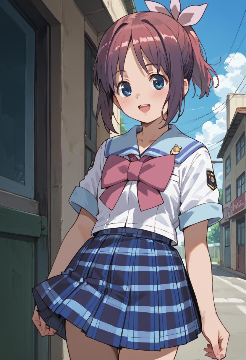 <lora:Amamiya_Manami_v1.0_Cibitai:1>,manabi, short hair, pink hairbow, ponytail, blue eyes,school uniform,plaid skirt, score_9, score_8_up, score_7_up,source_anime