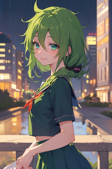 (masterpiece, best quality, high detailed, 8k uhd:1.2), <lora:YssringV1-08:0.8>, yssring gkn, 1girl, solo, slender,(medium breasts), (smile:1.2), (green hair, cat hair ornament), (serafuku, minikirt:1.4), (green shirt, green skirt:1.2), (upper body, looking at viewer, from side:1.2), city, outdoors, rain