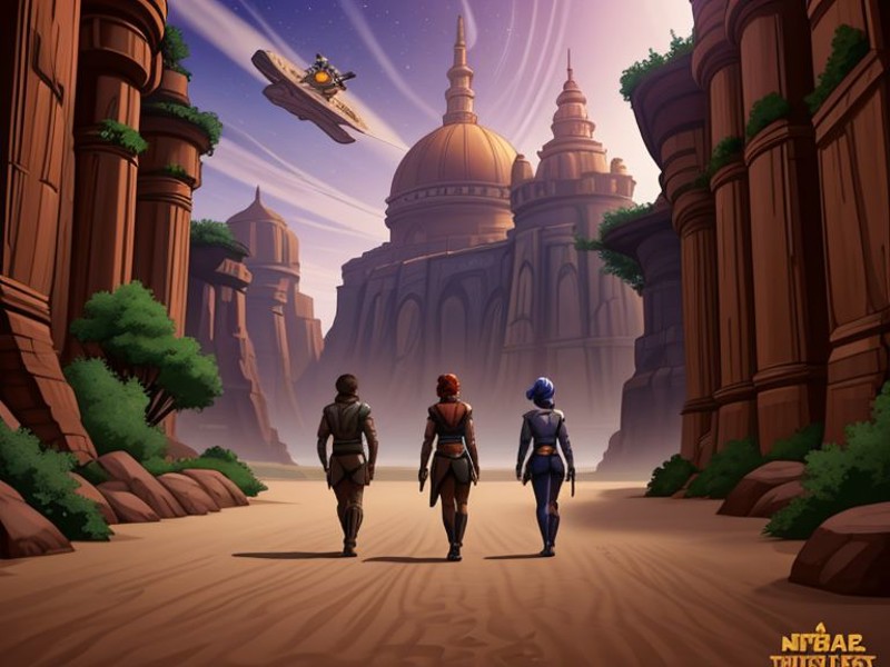 XE-LucasArts, Star Wars Knights of the Old Republic Style, 
a group of travelers journey through a magical desert to find ...