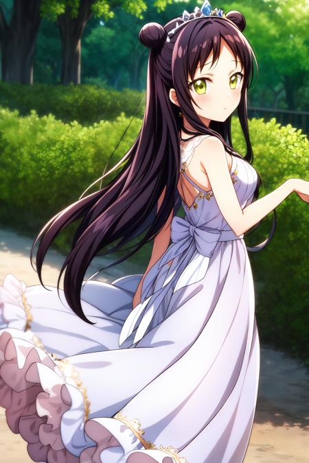 masterpiece, best quality, 1girl, solo, long hair, looking at viewer, blush, black hair, yellow eyes, hair bun, double bun, princess gown, gown , frill, tiara headwear, teria_wang, outdoor