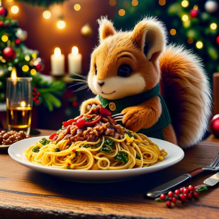 world of christmas plush stuffed teddy bears, side view, Hyperrealistic art a charming squirrel is indulging in a spaghetti dinner with all the flair and enthusiasm of a gourmet meal,This endearing moment captures the essence of unexpected joy and culinary exploration,Extremely high-resolution details,photographic,realism pushed to extreme,fine texture,incredibly lifelike, (HD, masterpiece, best quality, hyper detailed, ultra detailed, super realistic),amazing, xmastedx, furrification, pawpads, clothed_animal, :3, :<, furry, MJ5212Midjourneymimicsdxl, MJ52_v2.0Midjourneymimicsdxl<lora:sdxl\plushtoys\Christmas-Rockin_teddies_sdxl1.0.safetensors:0.5700000000000001:0.5700000000000001> <lora:sdxl\plushtoys\plush_SDXL.safetensors:0.45:0.45> <lora:sdxl\Midjourneymimicsdxl\MJ5212Midjourneymimicsdxl.safetensors:0.43:0.43> <lora:sdxl\Midjourneymimicsdxl\MJ52_v2.0Midjourneymimicsdxl.safetensors:0.43:0.43>