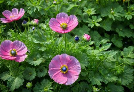 Pink and blue garden flowers, water droplets on petals, green leaves, pink poppies in the foreground, purple cosmos in the background, photo-realistic, natural lighting, high resolution, hyper-realistic in the style of a skilled photographer.