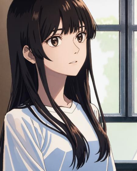 1girl, bangs, black_eyes, black_hair, blurry, blurry_background, blurry_foreground, breasts, brown_eyes, collarbone, depth_of_field, indoors, long_hair, looking_to_the_side, parted_lips, shirt, sidelocks, solo, upper_body, white_shirt <lora:chara_AnzuHanashiro:0.8>