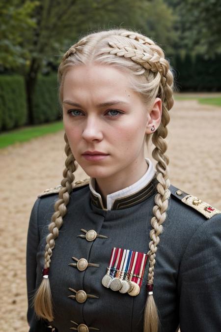 ground level outdoor photo of angry 25YO blonde French female with twinbraids wearing [XVI century] military uniform, bottom-view