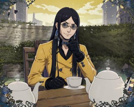 masterpiece, best quality, solo, smirk, 1boy, looking at viewer,   <lora:Baofu_Fp:1>, baofup2, jacket, glasses, gloves,   <lora:Teatime-concept_Fp:0.8>, cup, table, food, teapot, outdoors, sitting