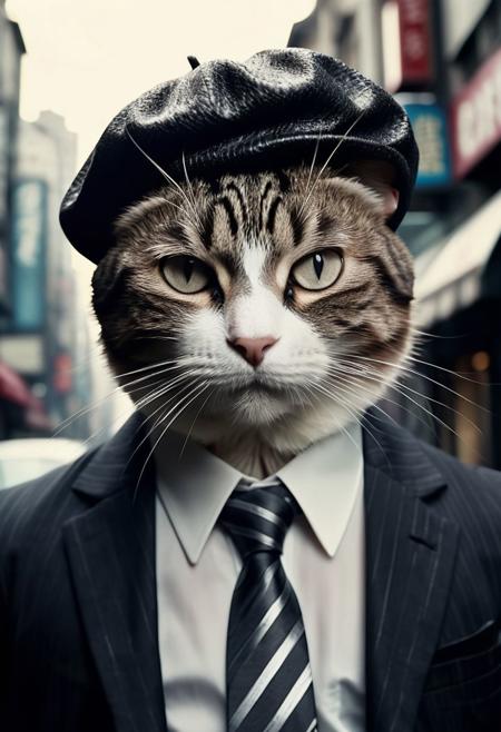 film poster of a 18's cat ((gangster)), beret, costume, tie,  film grain, hight quality, details, depth blur, dramatic atmosphere, big head, 18's street background