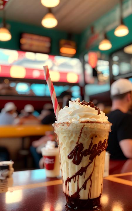 POV photo of an amazing snozboffle milkshake with chocolate syrup. busy retro diner interior background, people in background, kodak vision 3