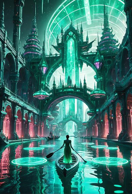 A futuristic fantasy water city with floating neon-lit palaces, towering structures combining ancient architecture and glowing tech patterns, emerald canals filled with anti-gravity gondolas, a lone woman in a shimmering cyber-silk dress paddling toward a levitating crystal palace, glowing waters, high detail, cinematic sci-fi fantasy blend.