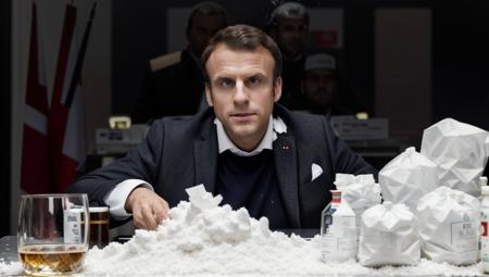 Macron768, a man sitting in a chair with a glass of beer in front of him and a pile of white powder and plastic bags behind him, detailled eyes, photography,  trending on artstation, sharp focus, studio photo, intricate details, highly detailed, by greg rutkowski <lora:Macron768:0.6>