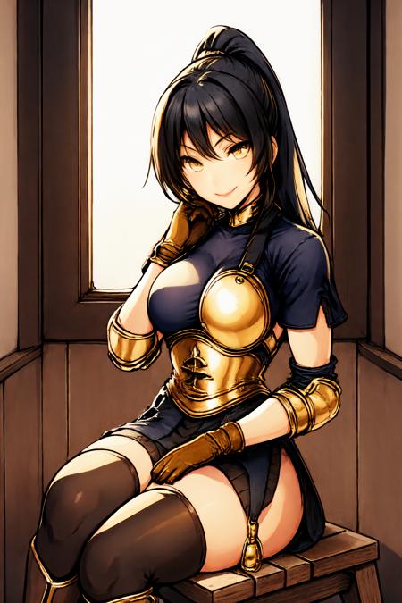 archerRo, armor, boots, gloves, thighhighs, golden ring, golden  armor, golden collar,
1girl, black hair, yellow eyes, ponytail,
looking at viewer, smile,
sitting, sitting on wooden chair, wooden chair, table, wooden table,
indoor, wooden room, wooden window frame, wooden table, wooden wall,
 <lora:archerRO_V1.4:0.8>