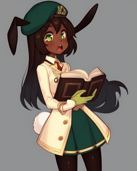 <lora:Bumblesteak:1>
1girl, solo, green eyes, brown hair, hat, animal ears, gloves, long hair, dark-skinned female, dark skin, rabbit ears, tail, open mouth, beret, pantyhose, simple background, book