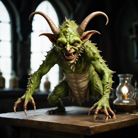 highly detailed documentary photo of quasit,

claws, feet, fangs, ((full body)), green eyes, green skin, horns, open mouth, ((standing on a table)), best quality,  

medieval parlor,

masterpiece, best quality:1.1, 

ultra photoreal,
photorealistic:1.0, 
sharp focus:1.1, 
depth of field:1.1, 
(edge lighting:1.2),
(shadow play:1.2),

50mm, style of Nathan Wirth, Hasselblad X1D II, Porta 160,
