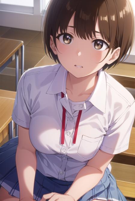 chihirokobayashi, <lora:chihiro kobayashi s1-lora-nochekaiser:1>,
chihiro kobayashi, short hair, brown hair, (brown eyes:1.5),
BREAK skirt, shirt, school uniform, pleated skirt, socks, white socks, white shirt, collared shirt, ribbon, red ribbon, short sleeves,
BREAK indoors, classroom,
BREAK looking at viewer, (cowboy shot:1.5),
BREAK <lyco:GoodHands-beta2:1>, (masterpiece:1.2), best quality, high resolution, unity 8k wallpaper, (illustration:0.8), (beautiful detailed eyes:1.6), extremely detailed face, perfect lighting, extremely detailed CG, (perfect hands, perfect anatomy),