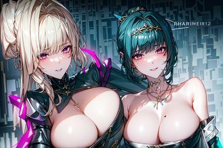 masterpiece, best quality, <lora:SL:0.4>
AND 2girls,armor, black pantyhose,blonde_hair, braid, braided_ponytail, breasts, cleavage, blonde hair,gauntlets, large_breasts, long_hair, looking_at_viewer, purple_eyes, single_braid, solo, very_long_hair, purple eyeshadow,Black lip gloss,expressionless,black feather wings, <lora:Bianka:0.5>
AND 2girls,bangs, bare_shoulders, black_hair, blue_background, big breasts, cape, cleavage, collarbone,green dress, gloves, hair_bun, hair_ornament, hair_stick, jewelry, mole, necklace, smile, solo, thighhighs <lora:Hanying:0.5>