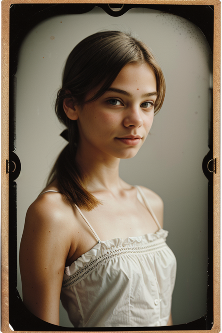 AnnaMariaPrydatko, ((1900s photograph, Gibson tuck, soft blush wearing cotton chemise with square neckline, ruffled cuffs, and delicate lace trim, antique setting)), Century Camera Co. Studio, 160mm f/8, 1/10s, ISO 25, ((tintype))