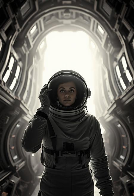 A lone astronaut with a 1950s film star face removes their helmet inside a cathedral-like orbital station, light and shadow wrapping them like fabric., monumental sci-fi architecture, soft cinematic lighting, elegant human figures, atmospheric perspective, black and white glamour, space opera scale, ethereal light effects, emotional contrast, sensual classic portraiture, cosmic mystery, vast alien landscapes, intimate glamour in futuristic setting, celestial backdrops, mid-century elegance, dreamlike space structures, soft shadows, high concept romanticism, retro-futurism, timeless beauty in sci-fi worlds