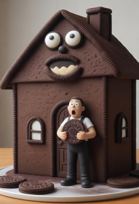 a giant man made of creamy cookie, standing in a creamy cookie house, holding a mini non cookie person in his hand, person is scared and screaming