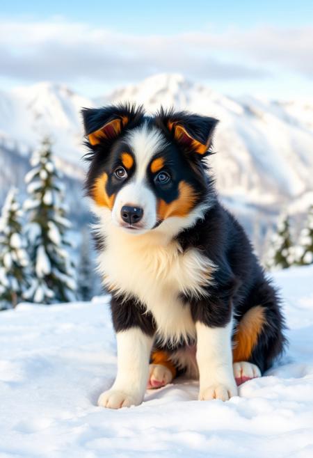 photo of a plush border collie puppy. Snowy landscape. Mountains with snowy pine trees.