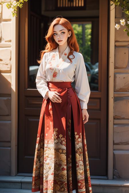 autumnm1ng, skirt, shirt, long sleeves, white shirt, red skirt, floral print, print shirt