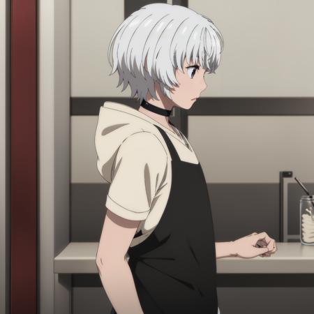 YuiShiromaru,1littlegirl, white hair, choker, apron,hoodie,short sleeves, shorts, slippers,