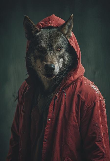 a mad wolf beast in red hood clothing, studio background, high-contrast palette, subtle grain, cinematic quality, modern art photograph