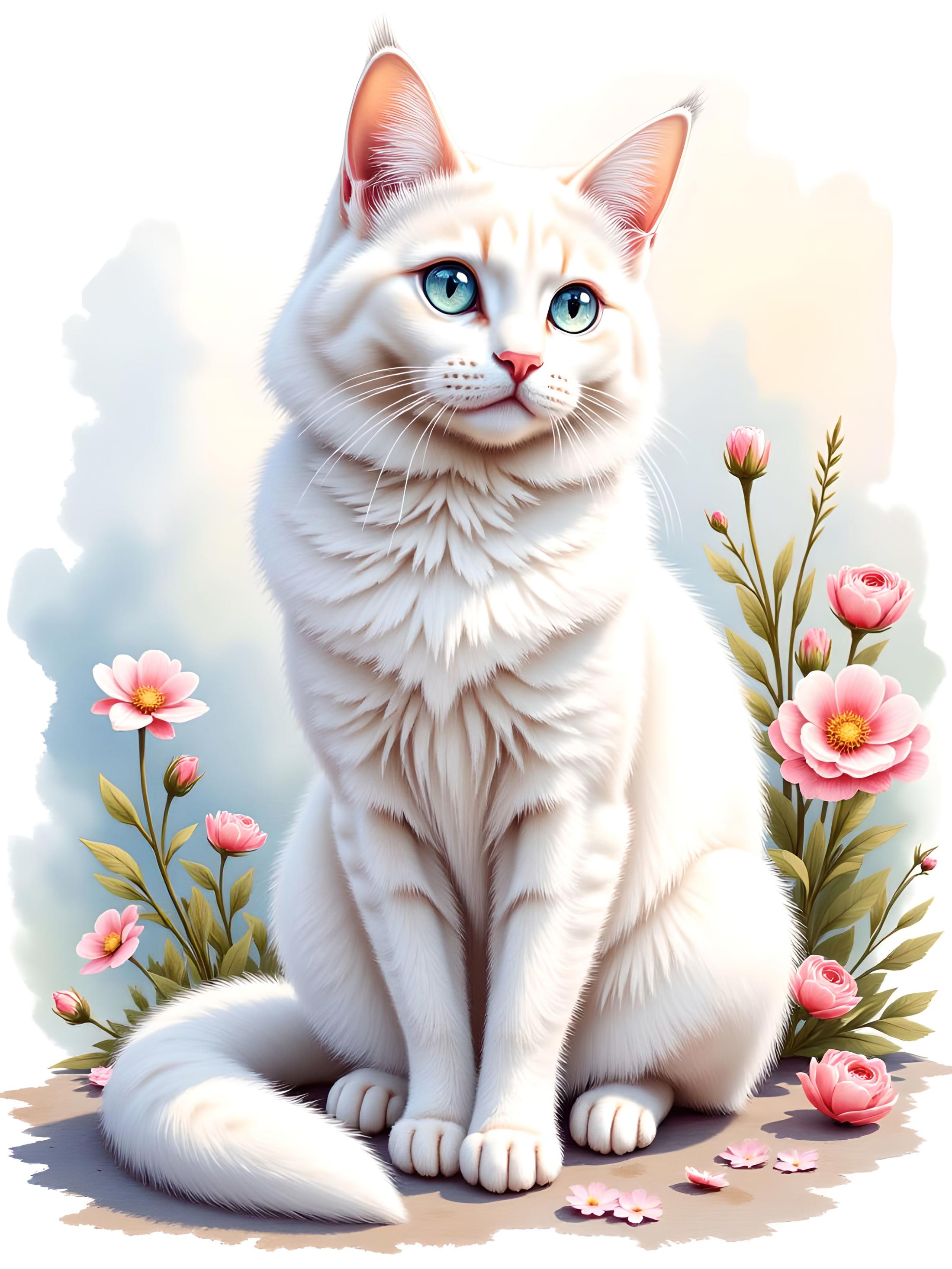 stunning watercolor painting of a majestic white cat, its fur as soft and fluffy as freshly fallen snow. The cat sits gracefully, its posture regal yet relaxed, embodying both elegance and curiosity. Its striking blue eyes are the focal point of the artwork, vibrant and piercing, capturing the light in a way that seems to give them depth and life, as if they hold secrets of the world. The background is a soft blend of pastel colors—gentle washes of pale blues, soft pinks, and warm creams—creating an ethereal atmosphere that enhances the cat’s beauty. Delicate brush strokes suggest a dreamy garden scene, with hints of blooming flowers and green foliage subtly peeking through, all painted in fluid, flowing forms that complement the cat’s graceful presence. As the watercolor flows across the canvas, gentle splashes and drips mimic the softness of the cat’s fur, giving it a slightly abstract quality that adds to the charm of the piece. The play of light and shadow across the cat’s body creates a sense of dimensionality, making it appear as if the cat could leap off the canvas at any moment. aidmaimageupgrader, aidmaMJ6.1m, detailmaximizer <lora:aidmaImageUpgrader-FLUX-V0.2:1.0> <lora:flux.1_lora_flyway_Epic-detail_v2:0.8> <lora:aidmaMJ6.1_aidmaMJ6.1-FLUX-v0.4:0.6>