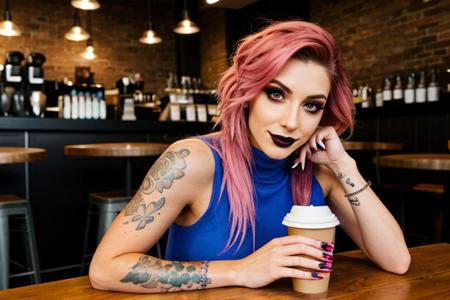 25 year old Hispanic  woman, goth style makeup,  medium length hair, pink hair, pink hair style, oval face, aqualine nose,  sharp chin, curvy body, large round breasts, tattoos, piercings, sitting in a coffee shop, smirking, striking violate eyes,  leaning forward in her chair, she has a flirty expression, she is playing with herself