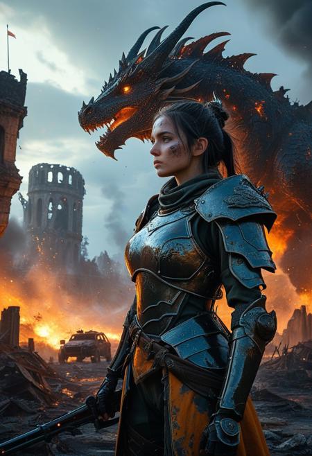 score_9, score_8_up, score_7_up, looking at viewer, A grizzled warrior woman surveys the scorched post-battle landscape, her gleaming battle armor besmirched with grime and dents from the conflict, while a diminutive dragon perches confidently on her shoulder, its ethereal gaze piercing the smoke-choked air amidst the smoldering ruins of vehicles and vanquished foes, as distant explosions paint the night sky in vivid hues.   fantasy, mecha, female soldier, dragon companion, post-apocalyptic, battle damage, cinematic lighting, high detail, realistic style